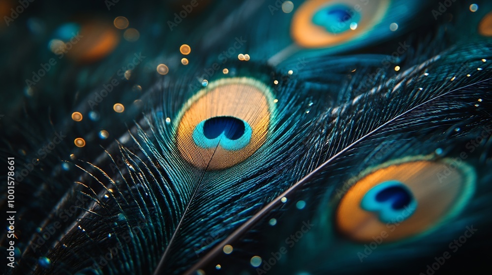 Poster closeup peacock feathers : generative ai