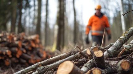 Naklejka premium Man in orange jacket working in a forest during winter season