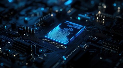 Closeup of a Glowing Blue Microchip on a Circuit Board