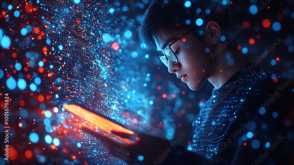 Poster Data science AI Digital technology concept Computer programmer using digital tablet with big data and cloud computing business intelligence innovation technology background : Generative AI