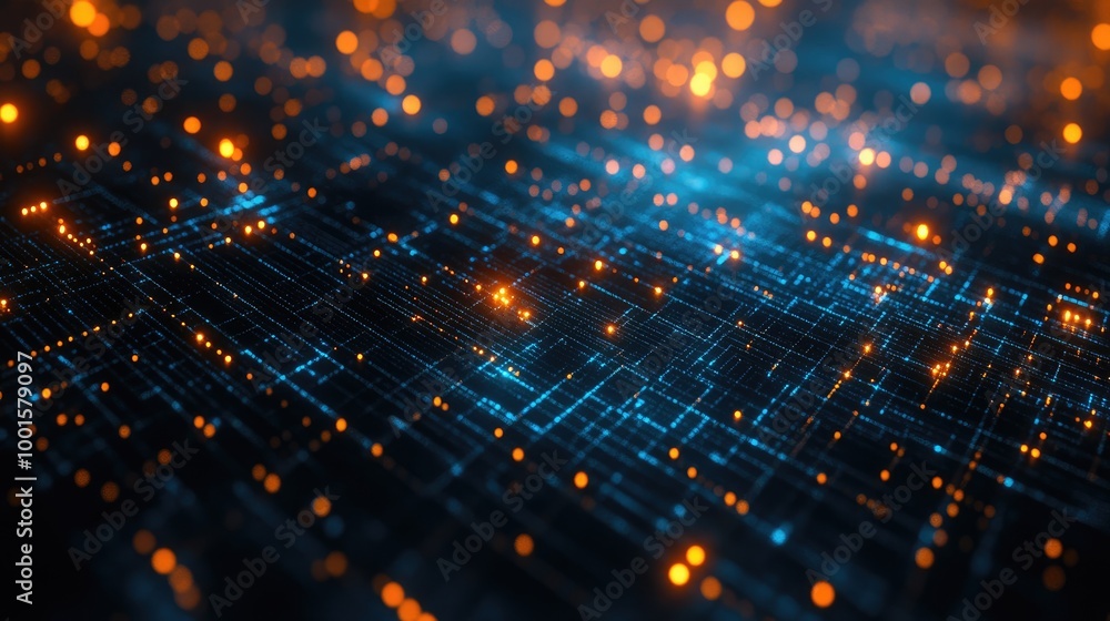 Poster abstract network of glowing technology elements forming a vibrant digital environment