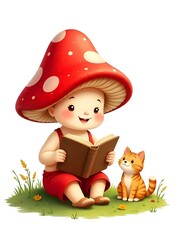 Cute mushroom reading book with his cat