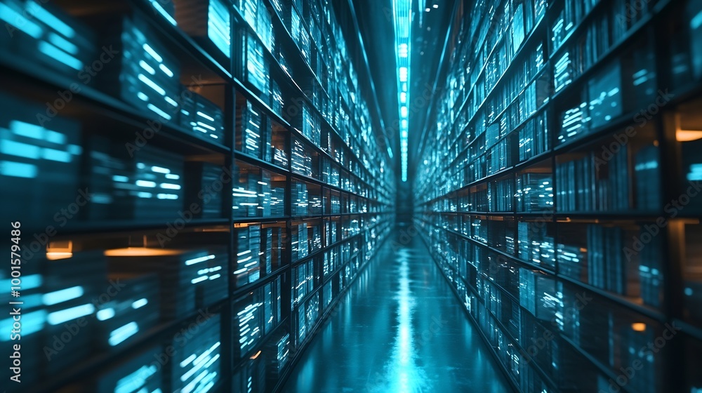 Poster Individuals with document holograms in information system archiving important documents in online databases to be accessed at any time document database management Storing document fil : Generative AI
