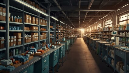 Factory to pharmacy supply chain depicted through illustrations.