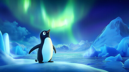 Obraz premium Adorable Penguin Under Northern Lights in Arctic Landscape. Digital Illustration.