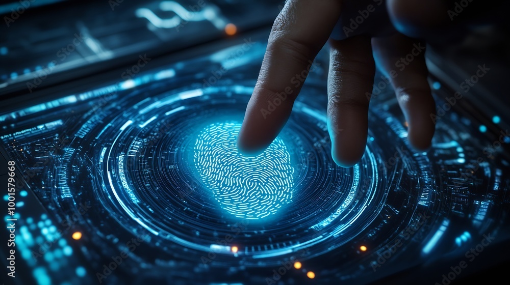 Poster Fingerprint scan provides security access with biometric identification Businessman using fingerprint indentification to access personal financial data Technology Safety and biometric  : Generative AI