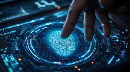 Fingerprint scan provides security access with biometric identification Businessman using fingerprint indentification to access personal financial data Technology Safety and biometric  : Generative AI