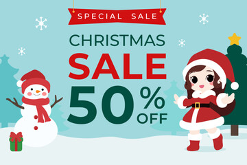 Christmas Sale Banner with Snowman and Santa Girl Offering 50% Off. Holiday Discount Ad with Festive Snowman and Santa Girl. Christmas Sale 50% Off with Snowman and Santa Girl.