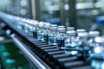 A line of bottles moving along a conveyor belt