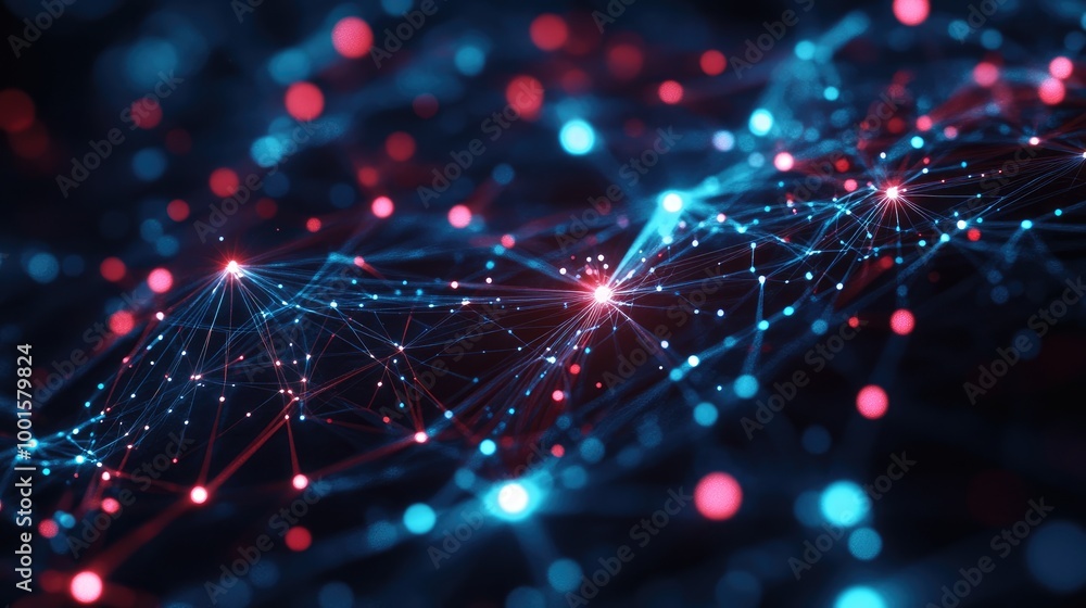 Poster abstract technology concept with vibrant connections and luminous nodes in a dark space