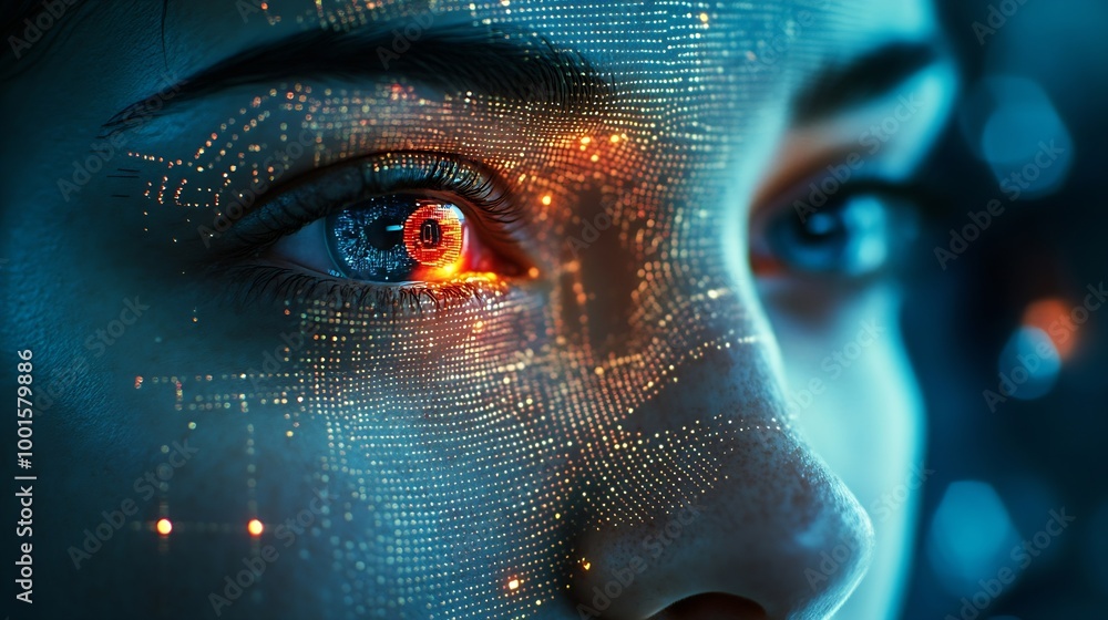 Poster Deepfake  concept Facial tracking detection and recognition technology cyber security system concept : Generative AI
