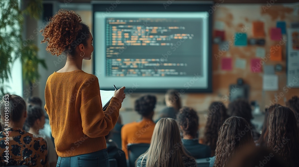 Aufkleber Teacher Giving Computer Science Lecture to Diverse Multiethnic Group of Female and Male Students in a College Room Projecting Slideshow with Programming Code Explaining Information Tec : Generative AI