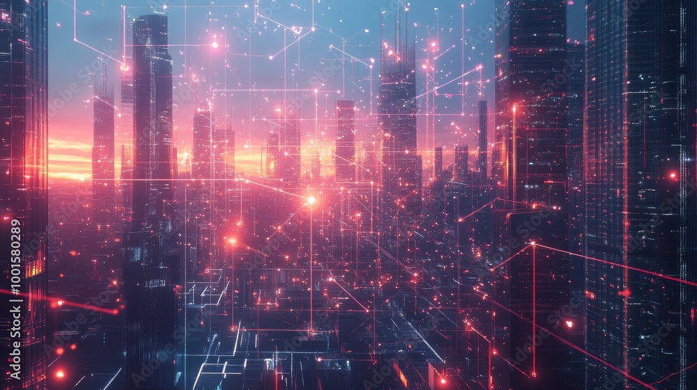 Poster abstract technology connections forming a dynamic network in a futuristic cityscape