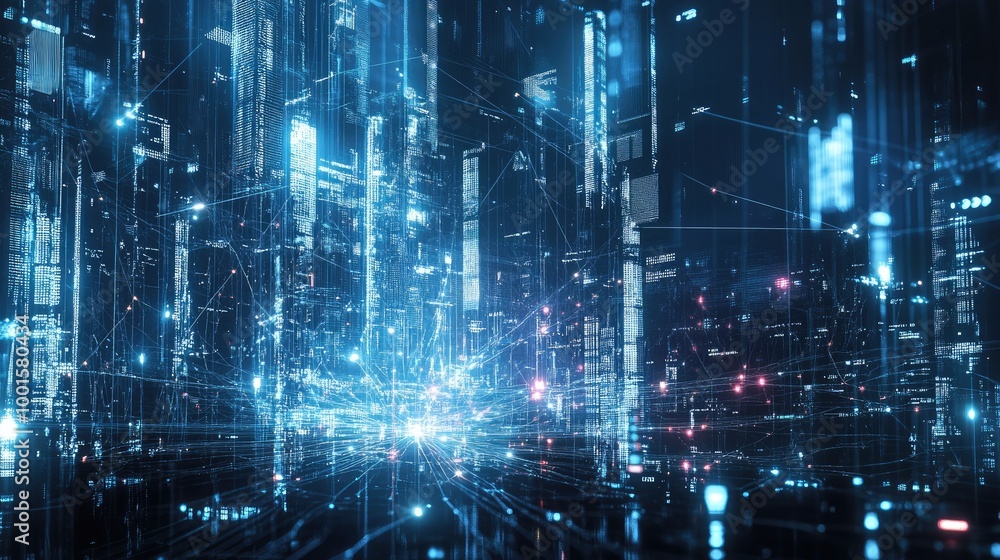Poster abstract technology connections forming a dynamic network in a futuristic cityscape