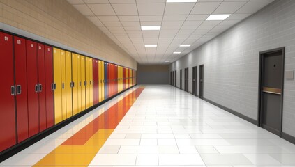 Fototapeta premium School Hallway With Colorful Lockers And White Tile Floor