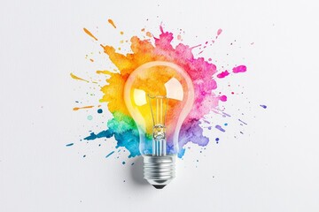 Colorful light bulb over splashes of paint on a white background.