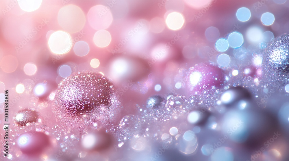 Poster radiant and sparkling bokeh background in soft pastel pearl and silver colors, creating an elegant a