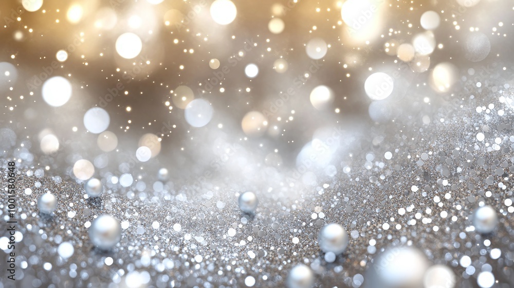 Poster radiant and sparkling bokeh background in soft pastel pearl and silver colors, creating an elegant a