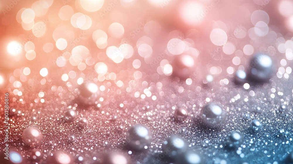 Poster radiant and sparkling bokeh background in soft pastel pearl and silver colors, creating an elegant a