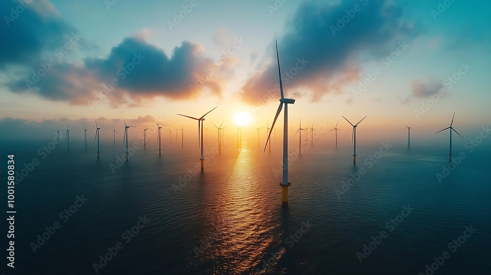 Poster offshore windmill park with clouds and a blue sky windmill park in the ocean aerial view with wind t