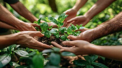 Teamwork and cooperation to conserve the green business forest of growing with plants in the hands of an ecofriendly group or team Collaboration in green business : Generative AI