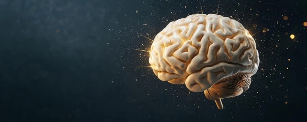 Illuminated human brain on dark background with sparks of creativity.