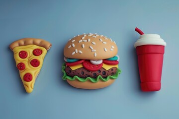 A hamburger, pizza slice, and a drink on a table