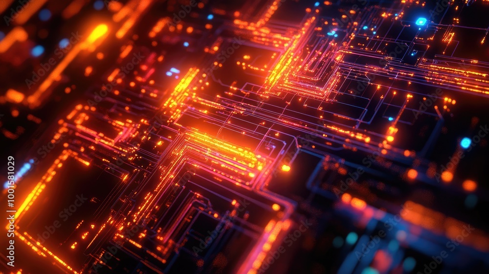 Poster abstract web of technology nodes and glowing pathways in a vibrant digital environment