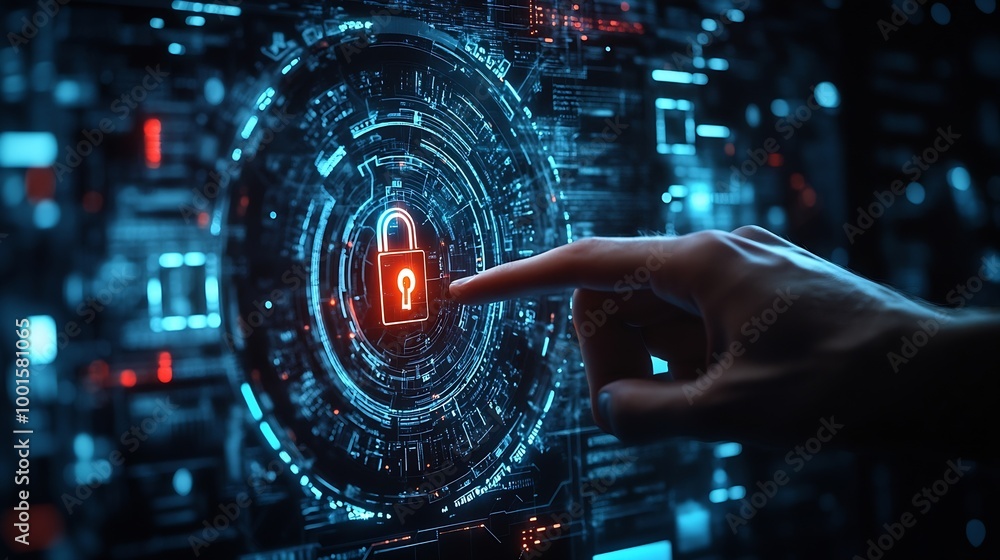 Aufkleber Cyber security network Cybersecurity system technology Businessman protecting data personal information encryption digital padlock on tablet and virtual interface Data protection priva : Generative AI