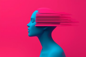 Profile of a blue mannequin with dynamic, abstract hair against a vibrant pink background.