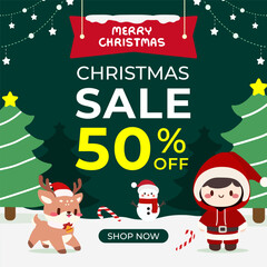 50% Off Holiday Sale Featuring Cute Santa Character and Reindeer. The poster promotes a 50% off sale with colorful decorations like Christmas trees, a snowman, and candy canes.