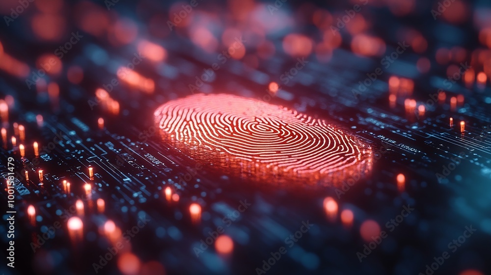 Poster Using fingerprint indentification to personal data access Biometrics security Ekyc innovation technology concept : Generative AI