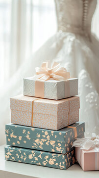 Pastel wrapped wedding gifts stacked on a table near a window with a wedding dress in the background