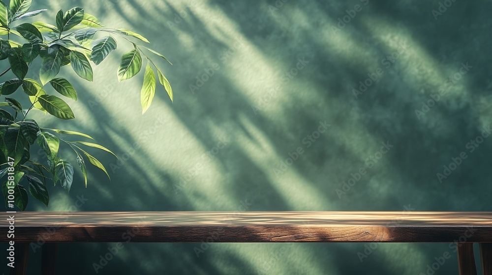 Fototapete Empty table and darkgreen wall Table with sun reflections and leaves shadows on beige wall Background with bokeh for product presentationMock up for presentation branding products cosm : Generative AI
