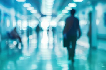 A blurry image of a hospital hallway with people walking and sitting, generative ai image