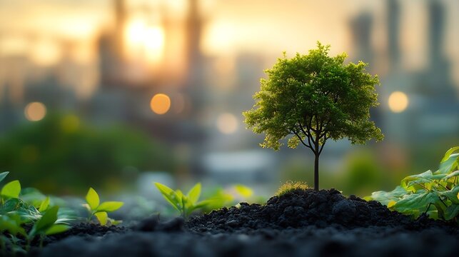 power plant with tree green industry eco power for sustainable energy saving environmental friendly low carbon footprint : Generative AI