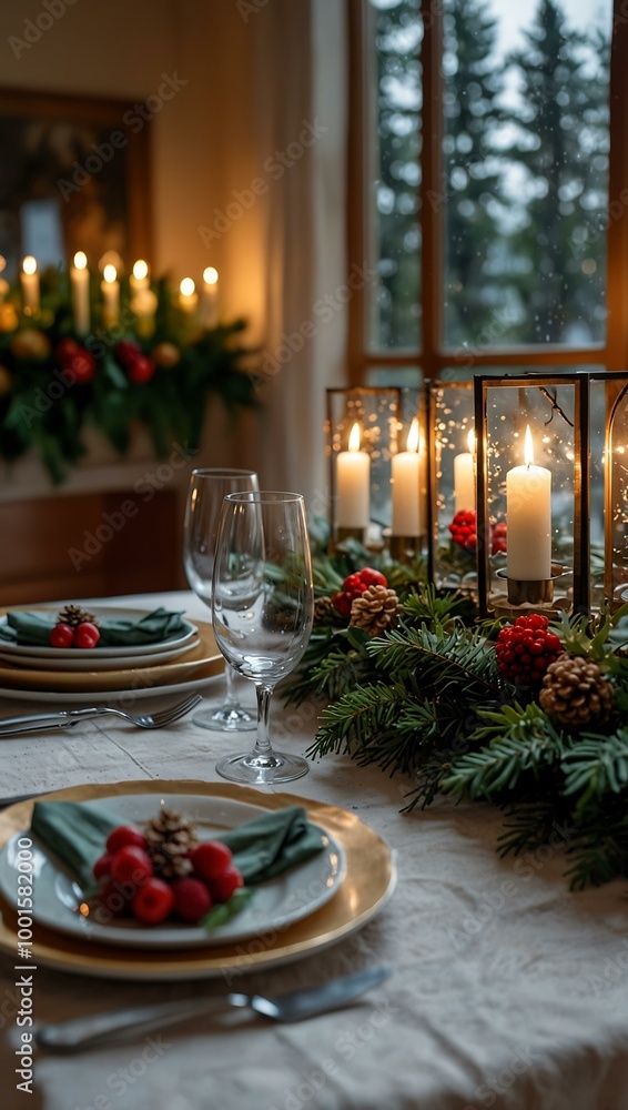Poster festive table setting with a scenic window view.
