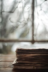 Obraz premium A stack of newspapers sitting on a wooden table, great for background or adding texture to your design