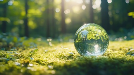 Environment Glass Globe On Grass Moss In Forest  Green Planet With Abstract Defocused Bokeh Lights  Environmental Conservation Concept : Generative AI
