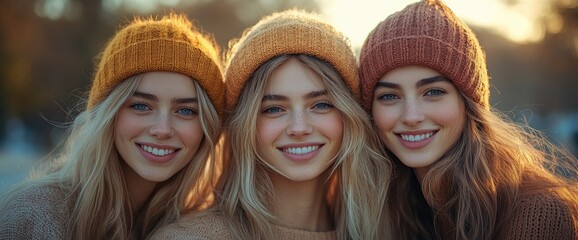 Fototapeta premium Three Beautiful Young Women Smiling in Knitted Hats