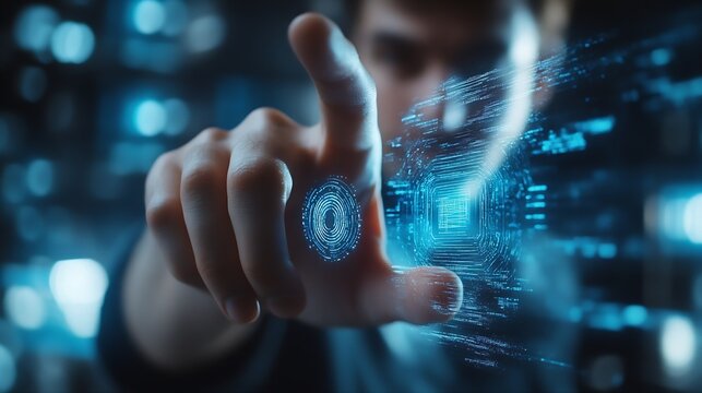The man gains access to the personal information of the holograms with fingerprint identification Modern technologies cloud data storage : Generative AI