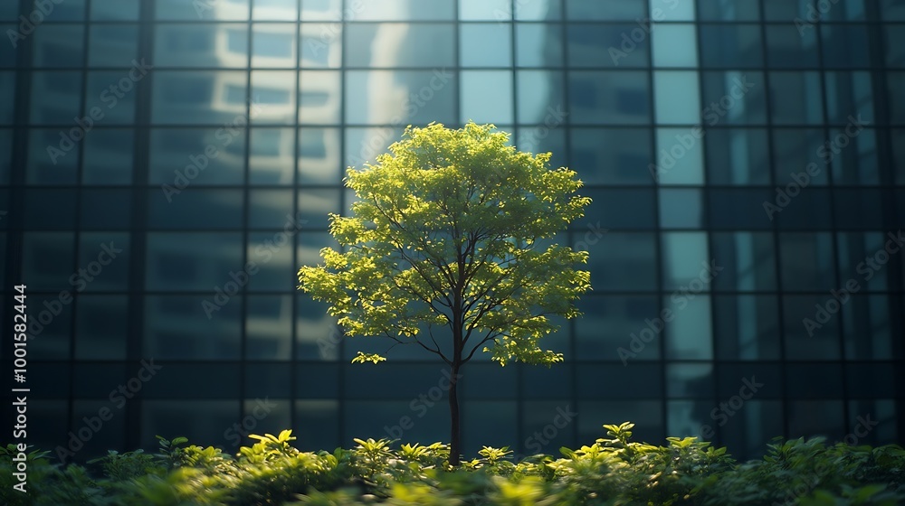 Aufkleber selective focus on tree and eco friendly building with vertical garden in modern city green tree for