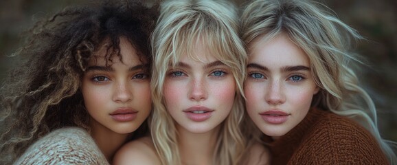Fototapeta premium Three Beautiful Young Women with Different Hair Colors Posing Together