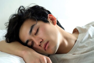 A person is resting peacefully on a bed with their eyes closed