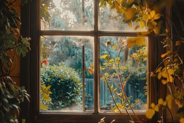 A view of a garden from inside a room through an open window