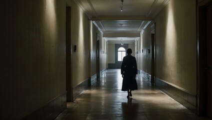 Figure walking down a softly lit corridor, embodying a sense of solitude.