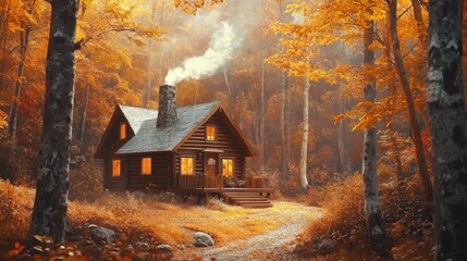 Cozy cabin in the woods with smoke rising from the chimney, surrounded by autumn trees