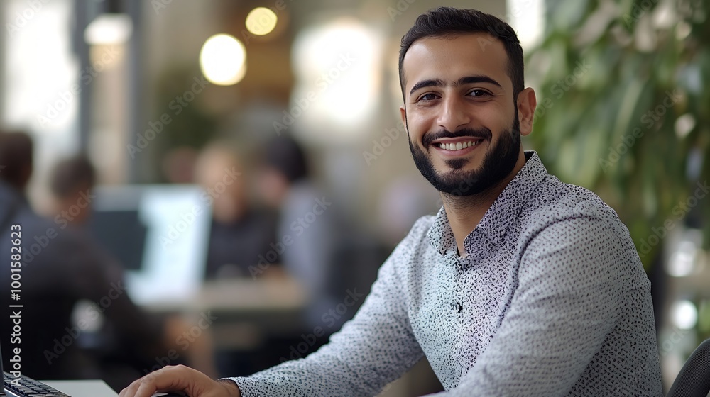 Leinwandbilder Smiling young middle eastern businessman sitting at worktable at modern office typing on computer keyboard sending emails to his business partners working on marketing research copy sp : Generative AI
