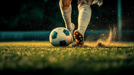 Close-up of a soccer player's foot kicking a ball, with dirt flying, capturing the intensity and motion of the game in dramatic lighting.
