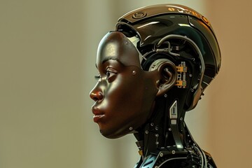 Close-up view of a woman's head wearing a robot suit, great for sci-fi or futuristic themes